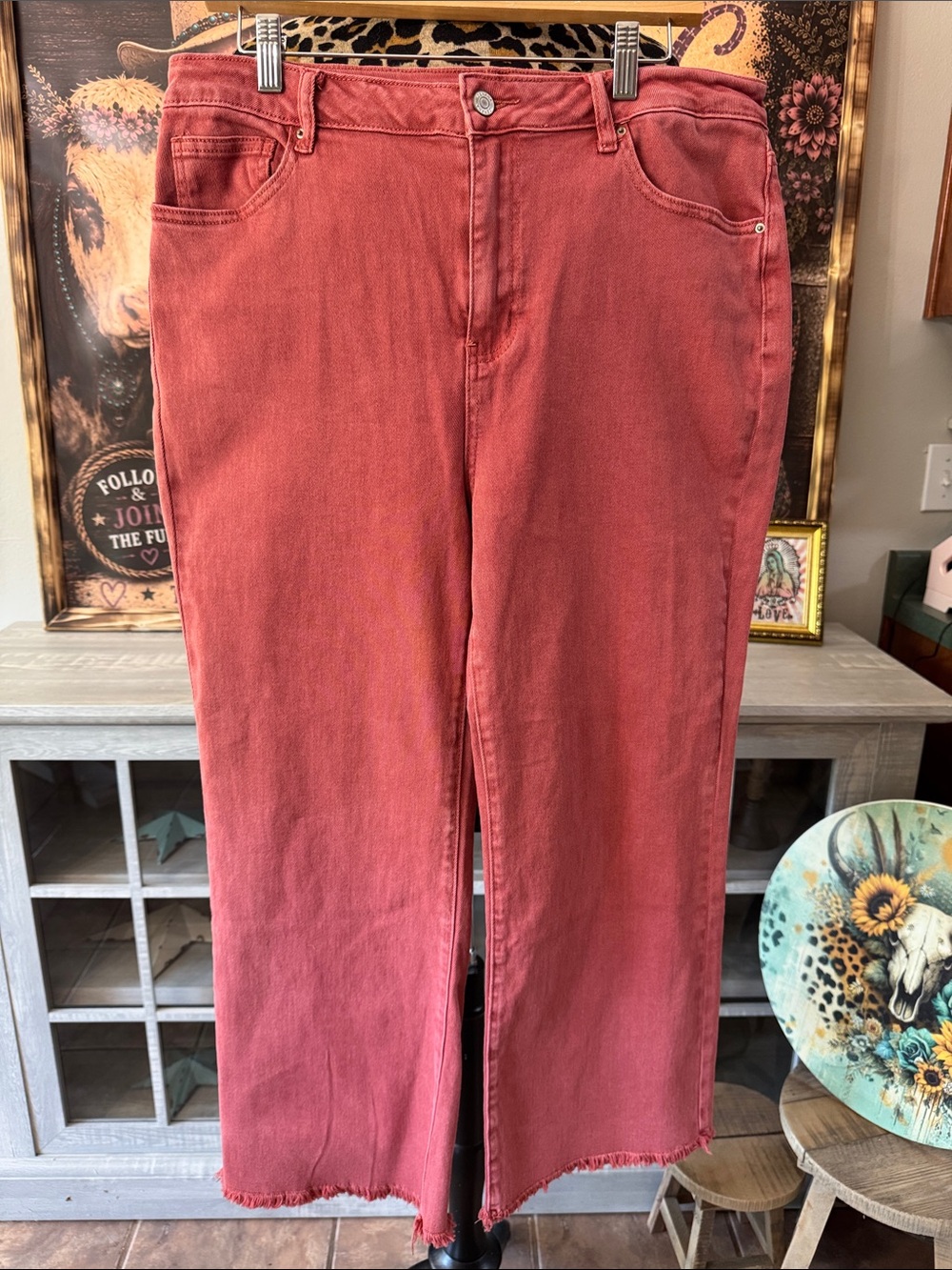 ZENANA  High-Rise Super Stretch Wide Leg Jeans in Washed Brick Red - Women's XL